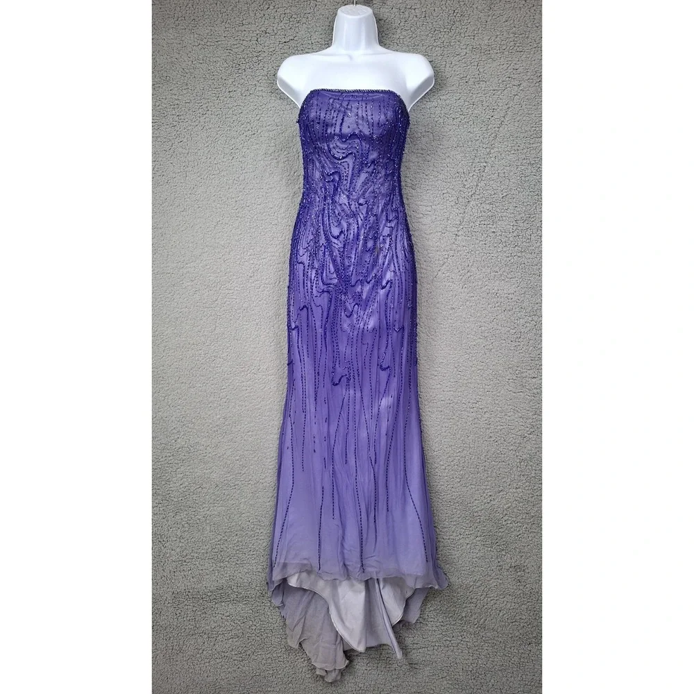 Vtg Alyce Designs Dress Strapless 2 Purple Ombre Beaded Silk Maxi Gown Y2K Fairy